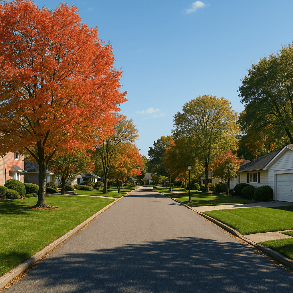 Typical Plainview residential street with tree-lined sidewalks and well-maintained homes